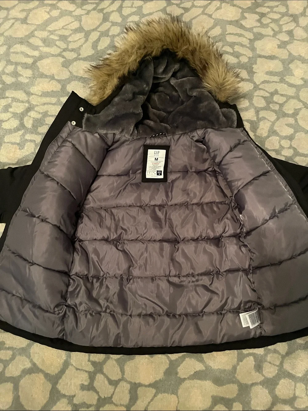 GAP Black Puffer Coat with Faux-Fur Trim Hood